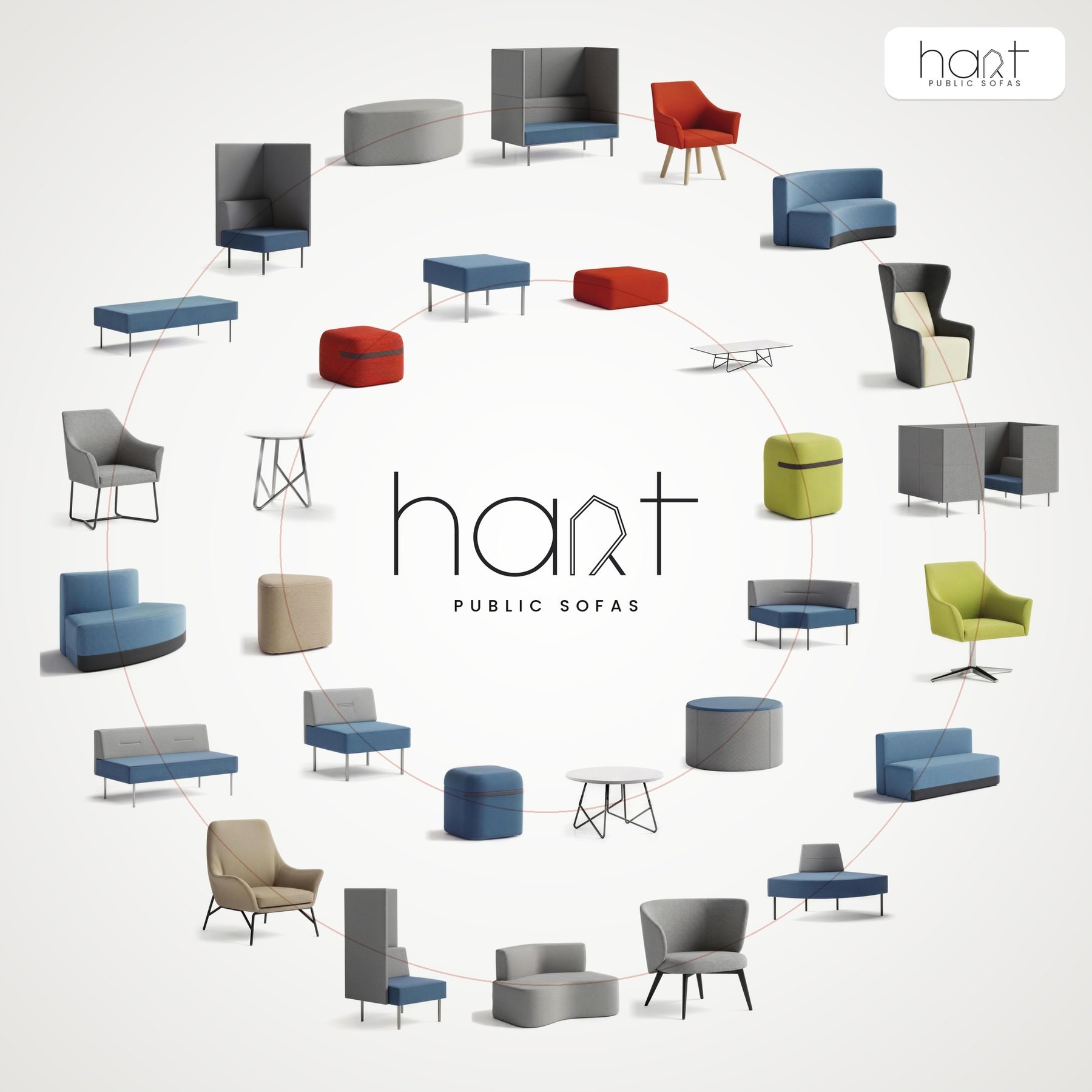 hart public sofas, booths, lounge chairs, poufs and tables arranged in two circles around the hart logo